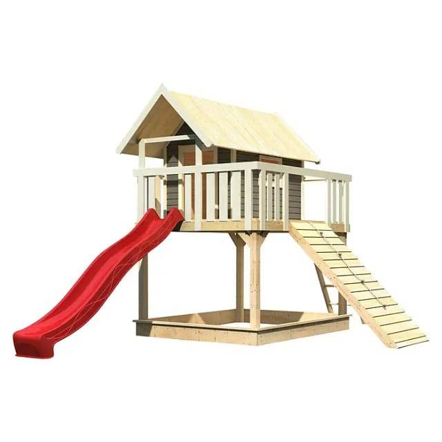 Karibu Stelzenhaus Fidel Set Terragrau Wellenrutsche 3 m Rot Holzrampe