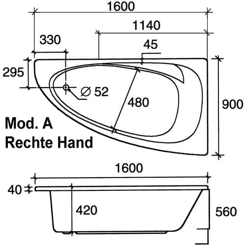 Badewanne Marina 160 cm x 90 cm Weiß Typ A