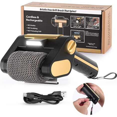 Bürstenloser Elektrischer Grillreiniger – Kabellos, Wiederaufladbar, Edelstahlwalze (350 U/min), Led-licht, Spülmaschinenfest, Schwarz/gold, 2600 Mah