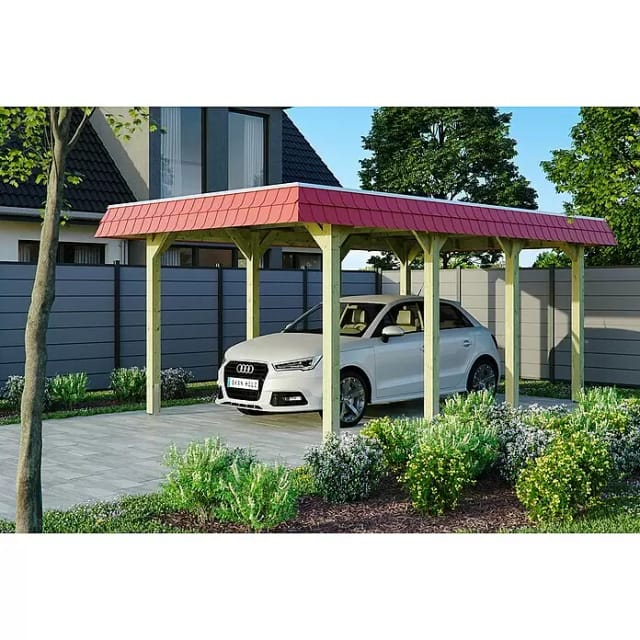 Skan Holz Walmdach-Carport Spreewald 345 cm x 589 cm Blende in Rot