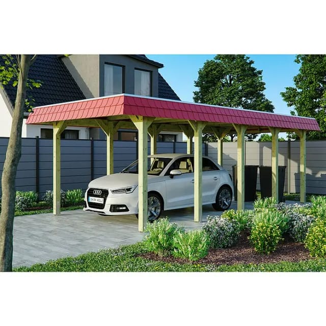 Skan Holz Walmdach-Carport Spreewald 345 cm x 741 cm Blende in Rot