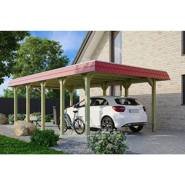 Skan Holz Walmdach-Carport Spreewald 396 cm x 741 cm Blende in Rot