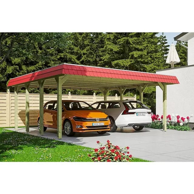 Skan Holz Walmdach-Doppelcarport Spreewald 585 cm x 589 cm Blende Rot