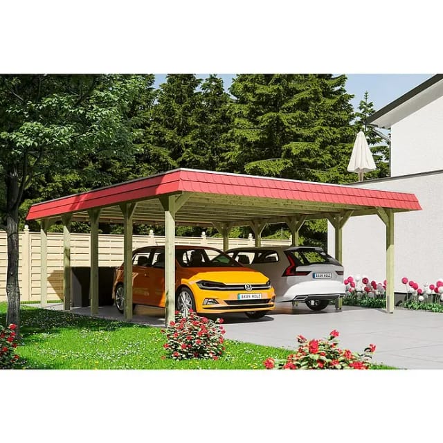 Skan Holz Walmdach-Doppelcarport Spreewald 585 cm x 741 cm Blende in Rot