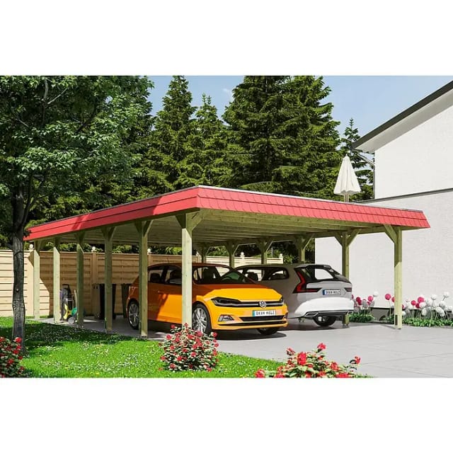Skan Holz Walmdach-Doppelcarport Spreewald 585 cm x 893 cm Blende in Rot