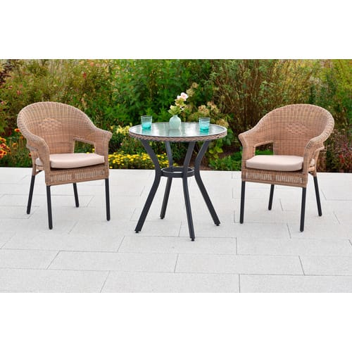 Merxx Ravenna Set 5-tlg. 2 Stapelsessel 2 Sitzkissen Gartentisch Ø 70 cm Natur