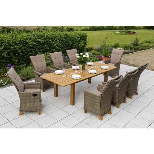 Merxx Toskana Set 17-tlg. 8 Toskana Sessel Doppel-Gartentisch Ausziehbar