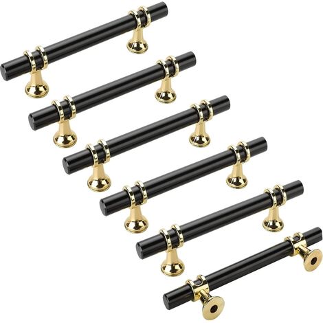 Set Mit 6 Türgriffen – Schwarz Und Gold, 128 Mm Lochabstand