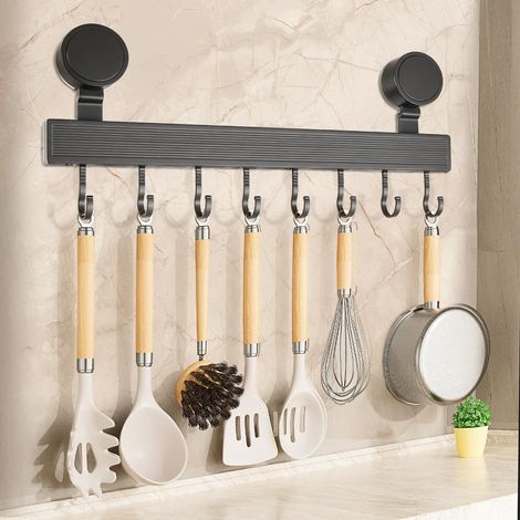 Küchenstange Mit Saugnapf Und 8 Haken, Aus Rostfreiem Aluminium, Ideal Für Küche, Bad Und Schlafzimmer. Kein Bohren Erforderlich.