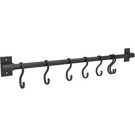 40 Cm Lange Schwarze Küchenwandaufbewahrungsstange Mit 6 Haken, Aus Aluminium, Mit Einer Einzelnen Stange.