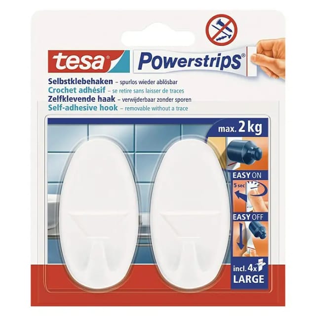 Tesa Selbstklebehaken Weiß oval 2 Stück mit 4 x Powerstrips Large