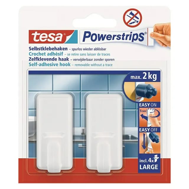 Tesa Selbstklebehaken Weiß eckig 2 Stück mit 4 x Powerstrips Large