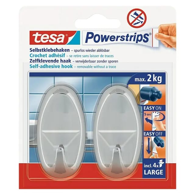 Tesa Selbstklebehaken Chrom glänzend oval 2 Stück mit 4 x Powerstrips Large