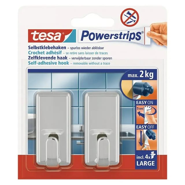 Tesa Selbstklebehaken Chrom glänzend eckig 2 Stück mit 4 x Powerstrips Large