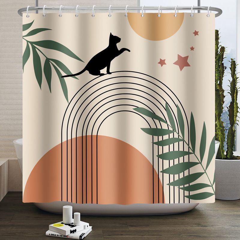 Bravix Boho Duschvorhang 180x180, Mid-century Abstraktes Design Mit Schwarzer Katze, Grünen Blättern, Schleife, Sonne Und Mond, Beige, Moderner Minimalistischer Geometrischer Ästhetik-badevorhang Mit