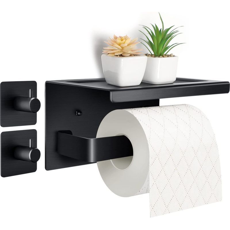 Bravix Purpledi Toilettenpapierhalter Aus Aluminium (perforiert/nicht Perforiert) Mit Geräumigen Ablagen, Selbstklebend, Schwarz