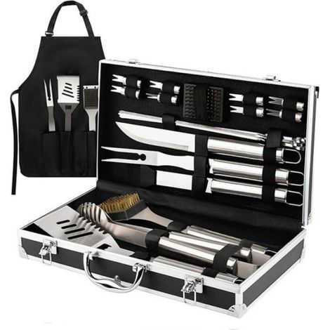 Ensemble De 21 Accessoires De Barbecue Argentés, Ustensiles Robustes En Acier Inoxydable.-aquaforge