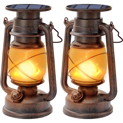 Lampe Solaire D'Extérieur, Lot De 2 Lampes Solaires Led Vintage Style Tempête, Lampe De Camping Rétro Avec Effet Flamme, Étanche, Pour Extérieur.-aquaforge