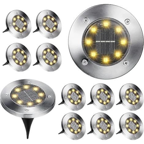Lot De 12 Lampes Solaires D'Extérieur Pour Jardin, 8 Spots Led Encastrés Au Sol, Blanc Chaud 3000k, Étanches Ip65, Pour Allée.-aquaforge
