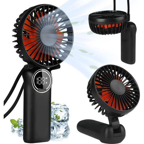 Ventilateur Portable, Mini Ventilateur De Bureau Rechargeable Avec Affichage Led, Ventilateur Personnel Pliable À 180° Avec Cordon Pour Un Port Autour Du Cou, Ventilation Puissante Et-aquaforge