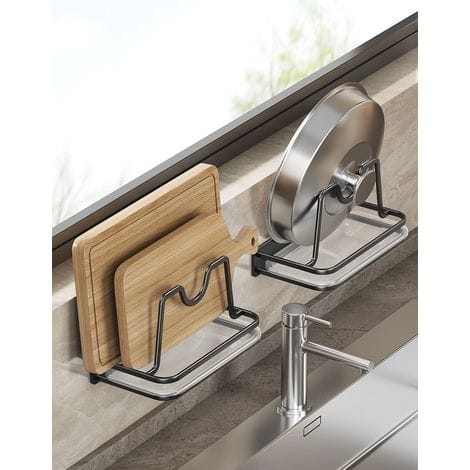 Support Mural Pour Couvercles De Casseroles Avec Bac D'Égouttage, Auto-adhésif Sans Perçage (lot De 2, Noir)-aquaforge