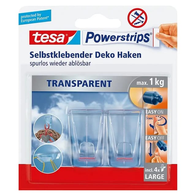 Tesa Powerstrips 2 Deko Haken Transparent mit 4 x Powerstrips Large
