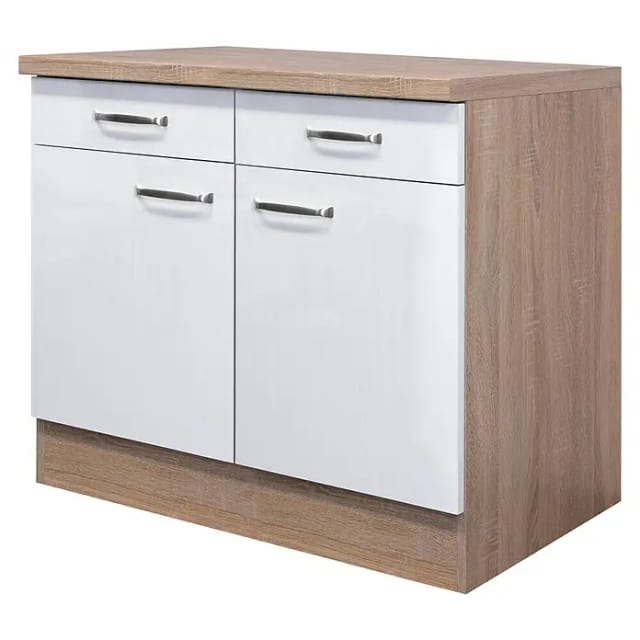 Flex-Well Exclusiv Küchen-Unterschrank Valero 100 cm Hochglanz Weiß-Sonoma Eiche