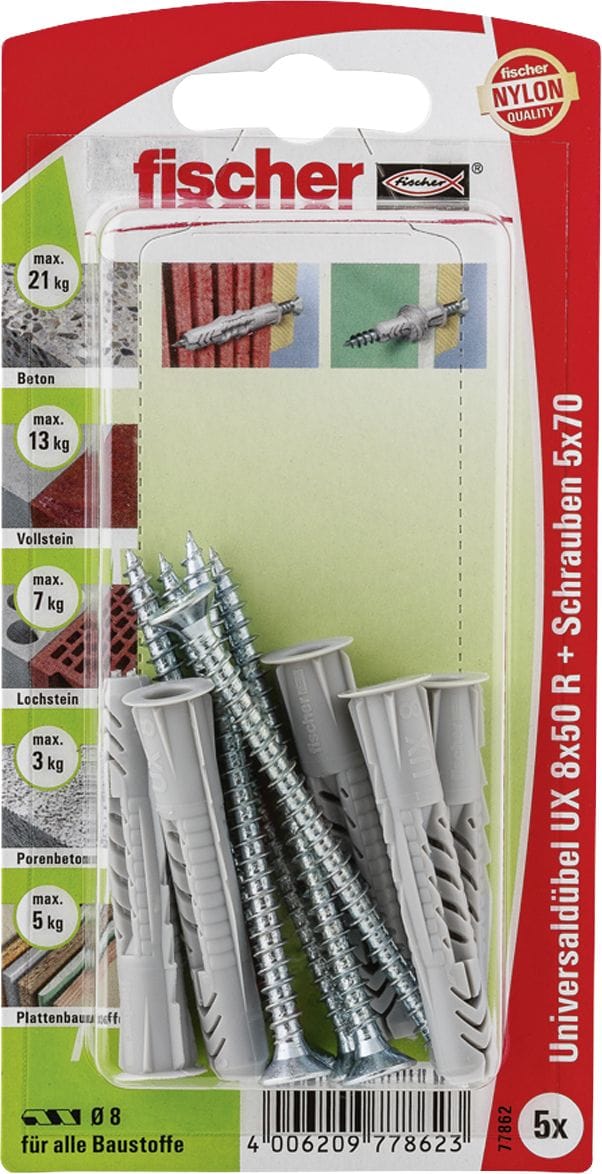 Fischer Universaldübel UX 8 x 50 RSK (mit Rand) mit Schraube (5 ST)