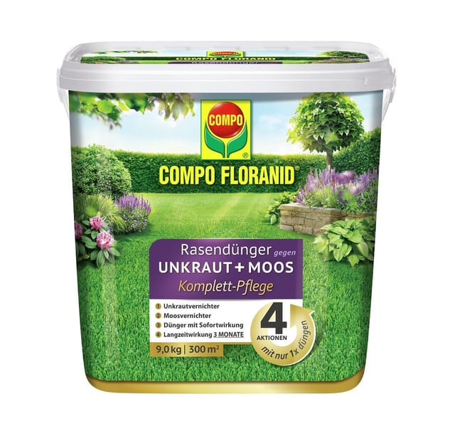 Compo Rasendünger Unkraut & Moos 4in1 Komplett-Pflege 9 kg für 300 m²