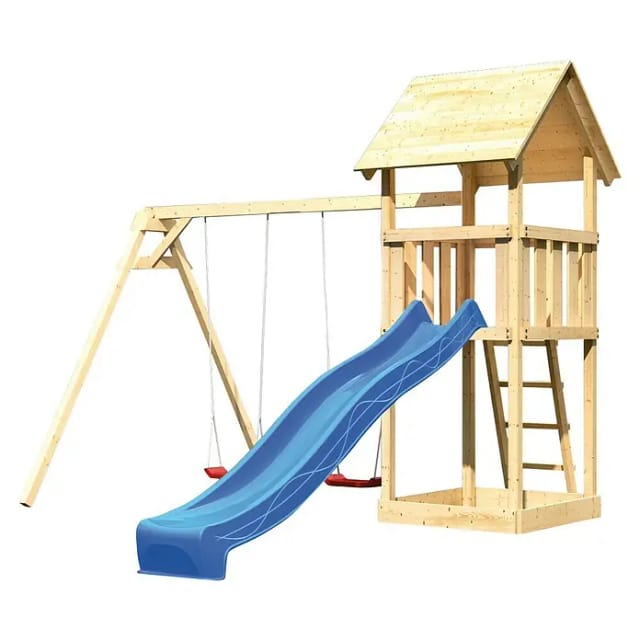 Karibu Spielturm Lotti mit Satteldach, Doppelschaukel & Rutsche Blau