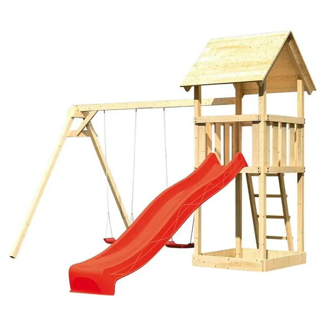 Karibu Spielturm Lotti mit Satteldach, Doppelschaukel & Rutsche Rot