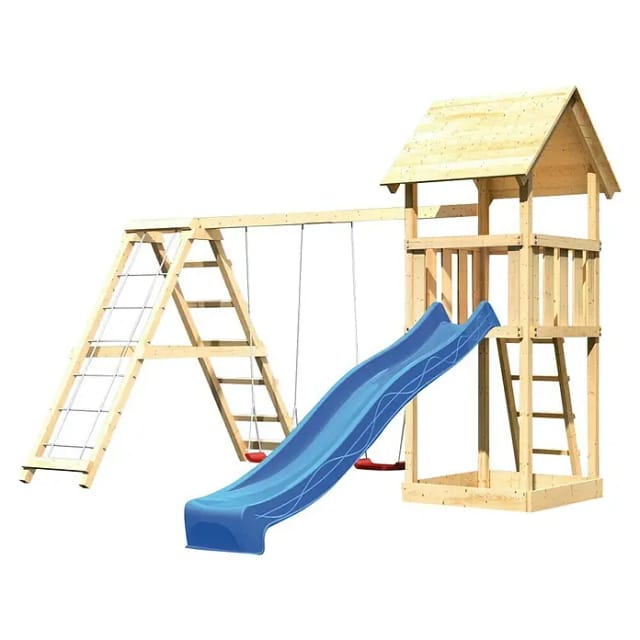 Karibu Spielturm Lotti Klettergerüst mit Doppelschaukel & Rutsche Blau