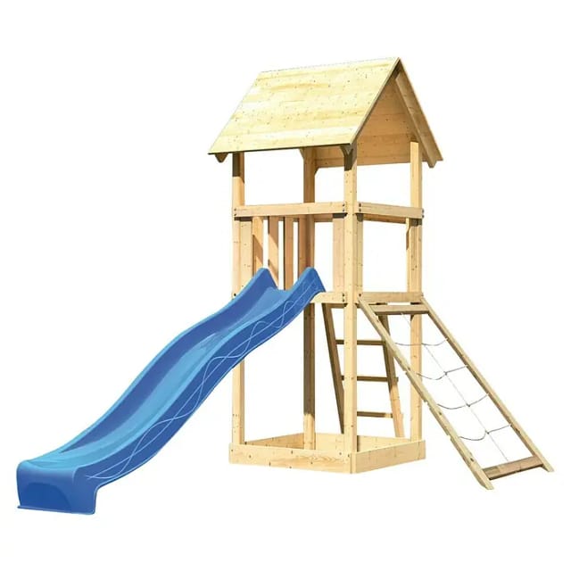 Karibu Spielturm Lotti mit Satteldach, Netzrampe & Rutsche Blau