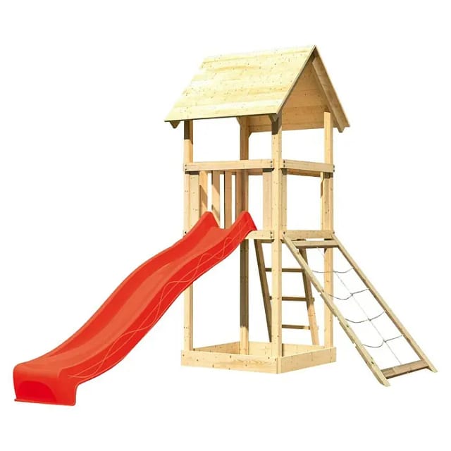 Karibu Spielturm Lotti mit Satteldach, Netzrampe & Rutsche Rot