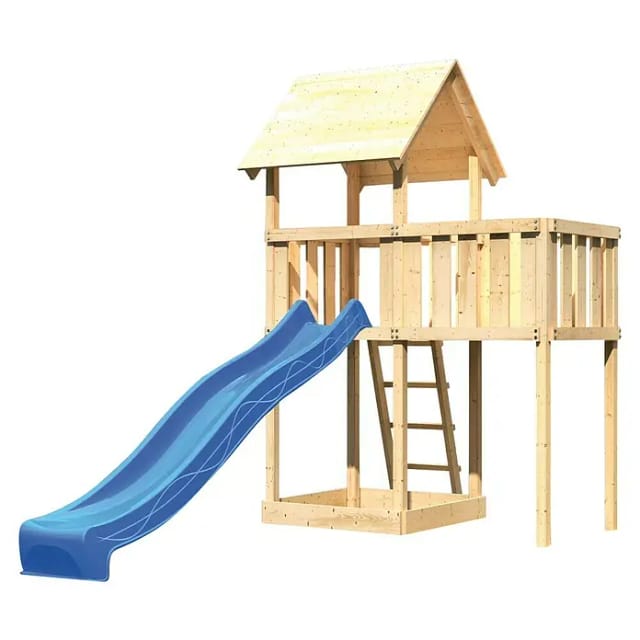 Karibu Spielturm Lotti mit Satteldach, Anbauplattform & Rutsche Blau