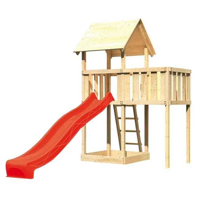 Karibu Spielturm Lotti mit Satteldach, Anbauplattform & Rutsche Rot