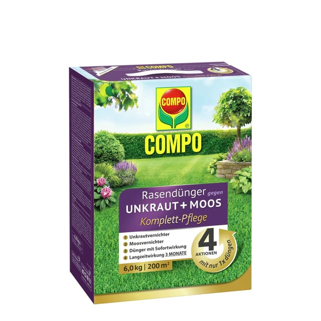 Compo Rasendünger Unkraut & Moos 4in1 Komplett-Pflege 6 kg für 200 m²