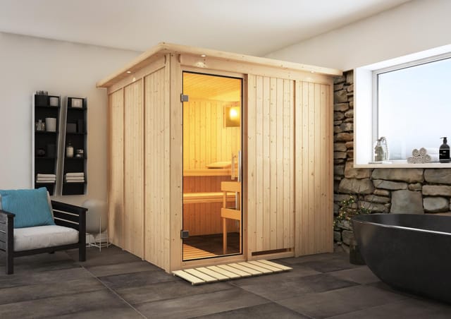 Karibu Sauna Rikka mit Ofen integrierte Stg.LED-Dachkranz Natur