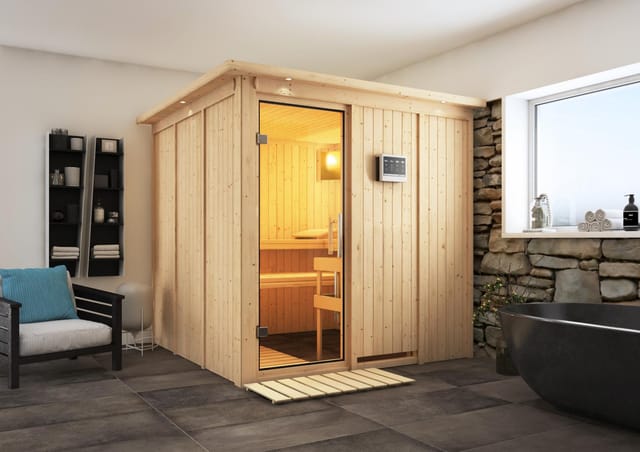 Karibu Sauna Rikka mit Bio-Ofen externe Stg.Easy LED-Dachkranz Natur