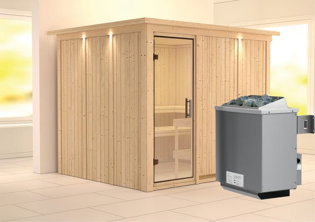 Karibu Sauna Gunda mit Ofen integrierte Stg.LED-Dachkranz Natur