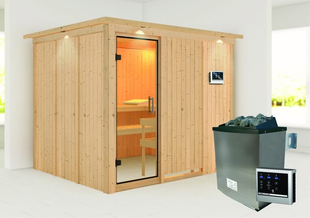 Karibu Sauna Gunda mit Ofen externe Stg.Easy LED-Dachkranz Natur