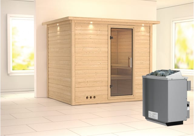 Karibu Sauna Sarina mit Ofen integrierte Stg.LED-Dachkranz Natur