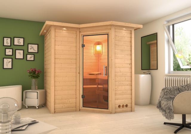 Woodfeeling Sauna Steena 1, Glastür, LED-Dachkranz
