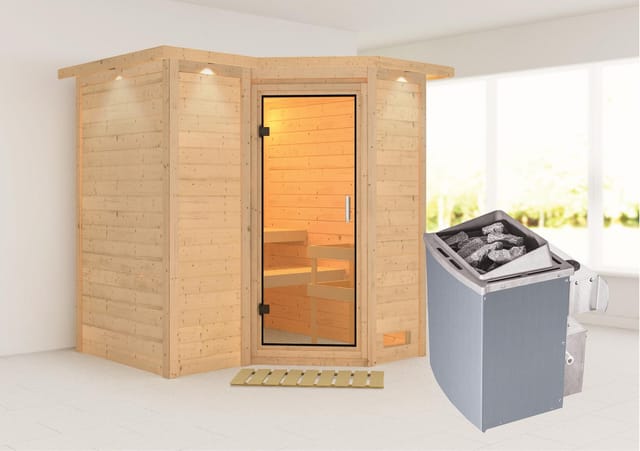 Woodfeeling Sauna Steena 1, Ofen, integrierte Steuerung, Glastür, LED-Dachkranz