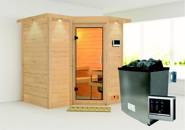 Woodfeeling Sauna Steena 1, Ofen, externe Steuerung Easy, Glastür, LED-Dachkranz