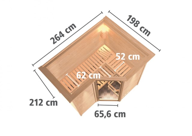 Karibu Sauna Steena 2 mit Ofen externe Stg.Easy LED-Dachkranz Natur