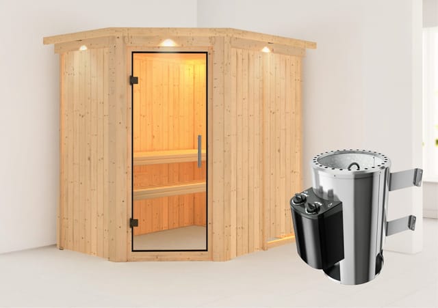 Karibu Sauna Silva mit Ofen integrierte Stg.LED-Dachkranz Natur