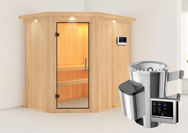 Karibu Sauna Silva mit Ofen externe Stg.Easy LED-Dachkranz Natur