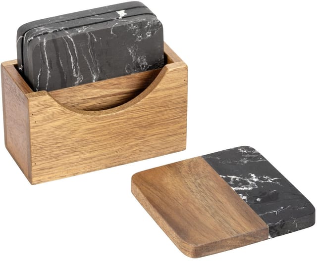 Schöner Wohnen Untersetzer-Set Atami Marmor und Akazienholz Schwarz-Braun 5-tlg.