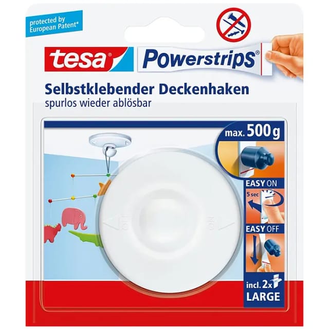 Tesa Powerstrips Deckenhaken Weiß mit 2 x Powerstrips Large